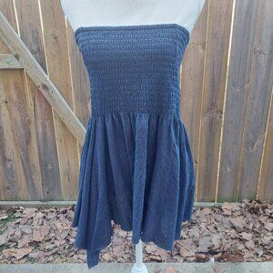 DKNY Jeans Top Smocked Bodice Strapless Gauzy Navy Blue Sz 14/16 NWT